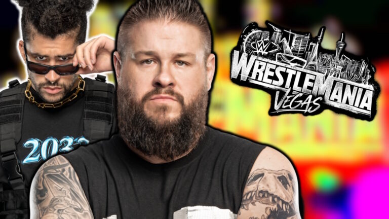 WWE WrestleMania logo, Kevin Owens and Bad Bunny