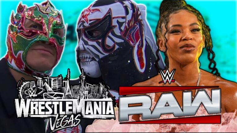 WWE WrestleMania 42 and Raw logos with Penta, Rey Fenix and Bianca Belair
