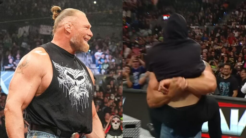 Brock Lesnar slamming a hooded man on WWE Raw
