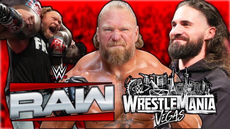 WWE Raw and WrestleMania 42 logos with Brock Lesnar, Oba Femi and Seth Rollins