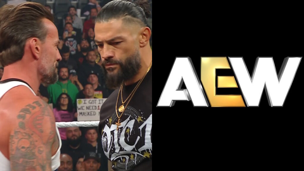WWE stars CM Punk and Roman Reigns with AEW logo