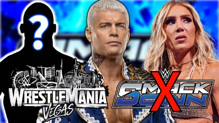 WWE SmackDown and WrestleMania 42 logos with Cody Rhodes and Charlotte Flair
