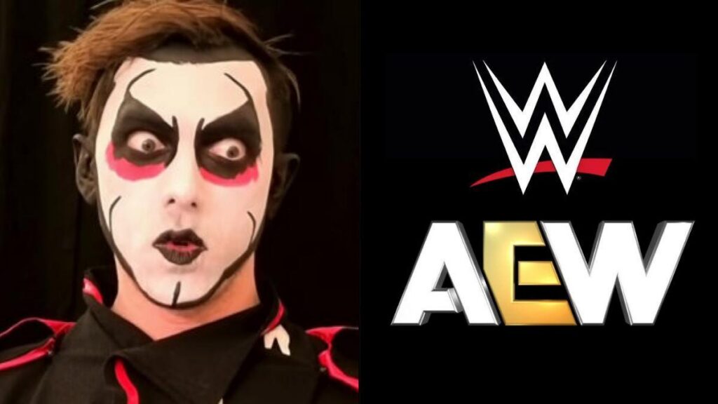 Danhausen next to WWE and AEW logos