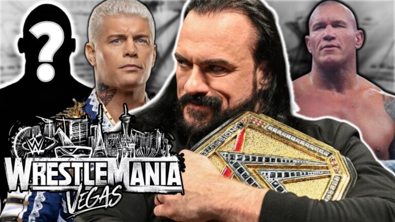WWE WrestleMania 42 logo with Drew McIntyre, Randy Orton and Cody Rhodes