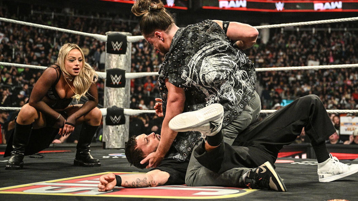 JD McDonagh takes down Finn Balor while Liv Morgan watches on WWE Raw