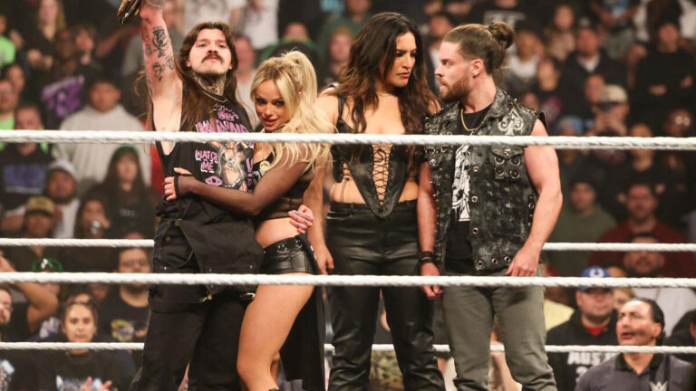 WWE Judgment Day faction with Liv Morgan, Dominik Mysterio, Raqyel Rodriguez and JD McDonagh