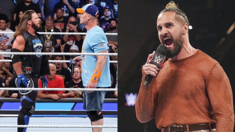 WWE's AJ Styles and John Cena alongside Seth Rollins