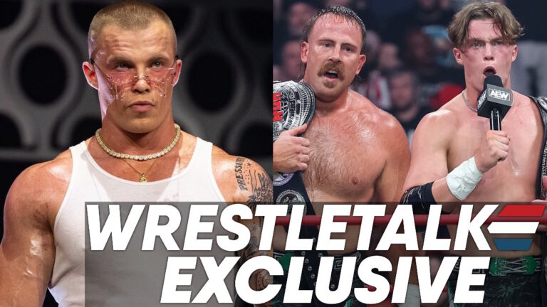 AEW stars Kyle Fletcher and Mark Davis with WrestleTalk Exclusive logo