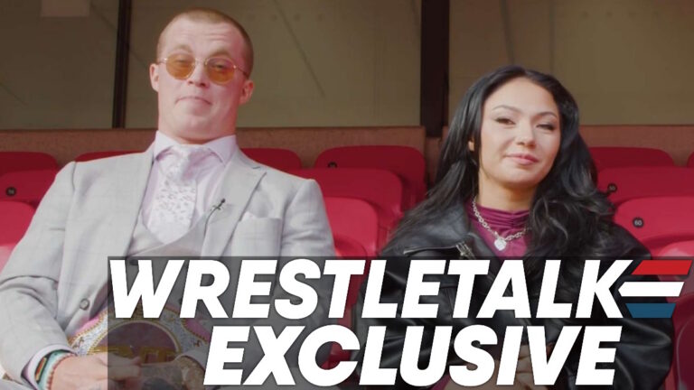 AEW stars Kyle Fletcher and Skye Blue with WrestleTalk Exclusive logo