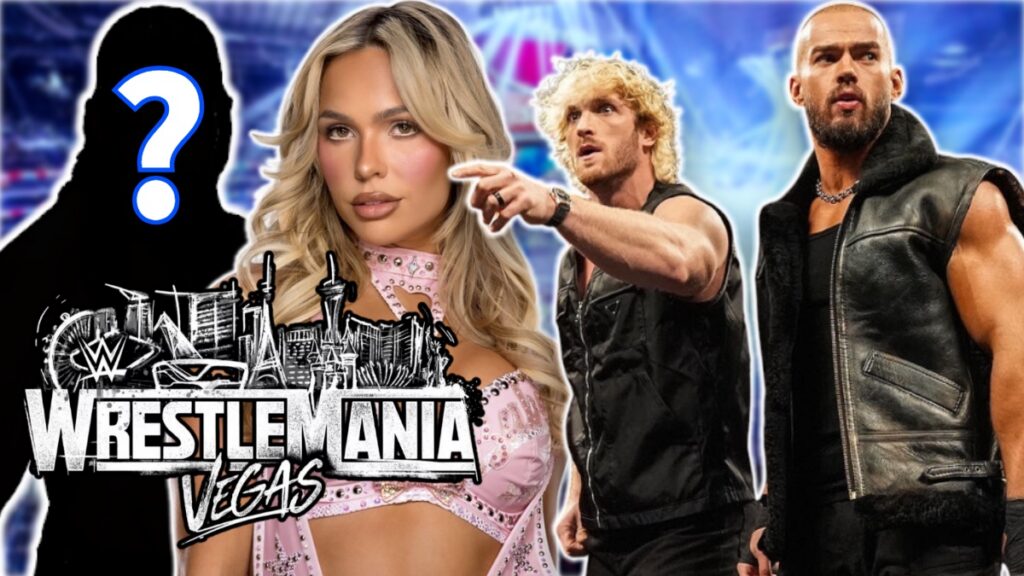 WWE WrestleMania 42 logo with The Vision's Austin Theory and Logan Paul