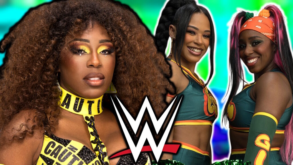 WWE logo, Bianca Belair and Naomi