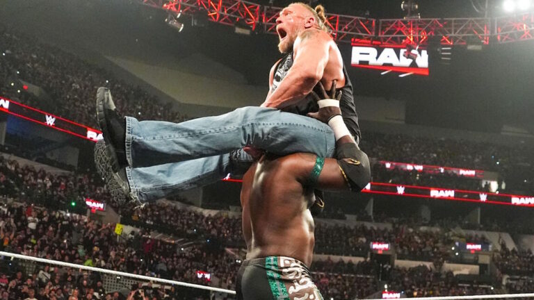 Oba Femi slamming Brock lesnar on WWE Raw