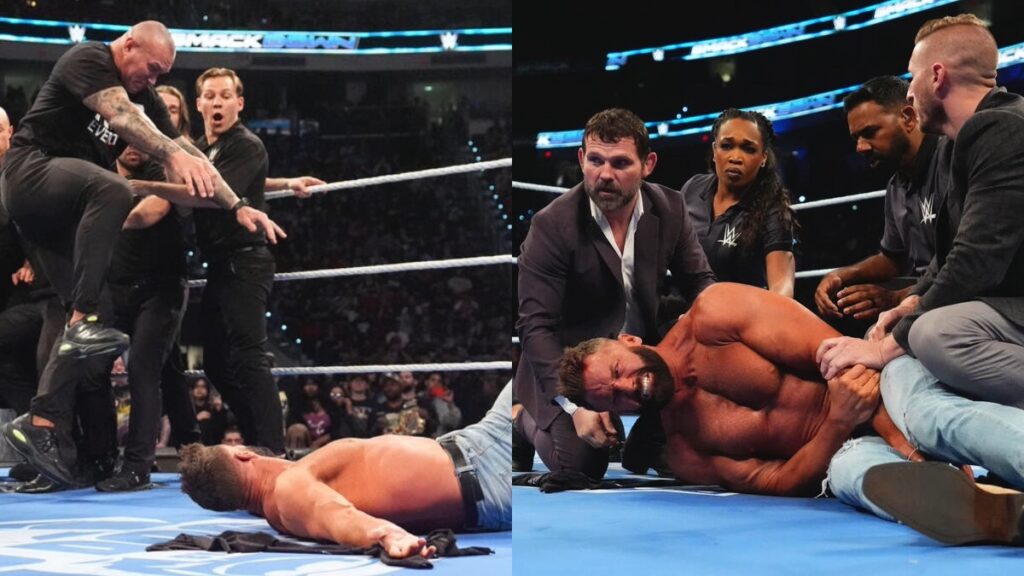 Randy Orton stomping Matt Cardona on WWE SmackDown