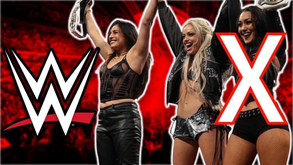 WWE logo with Raquel Rodriguez, Liv Morgan and Roxanne Perez