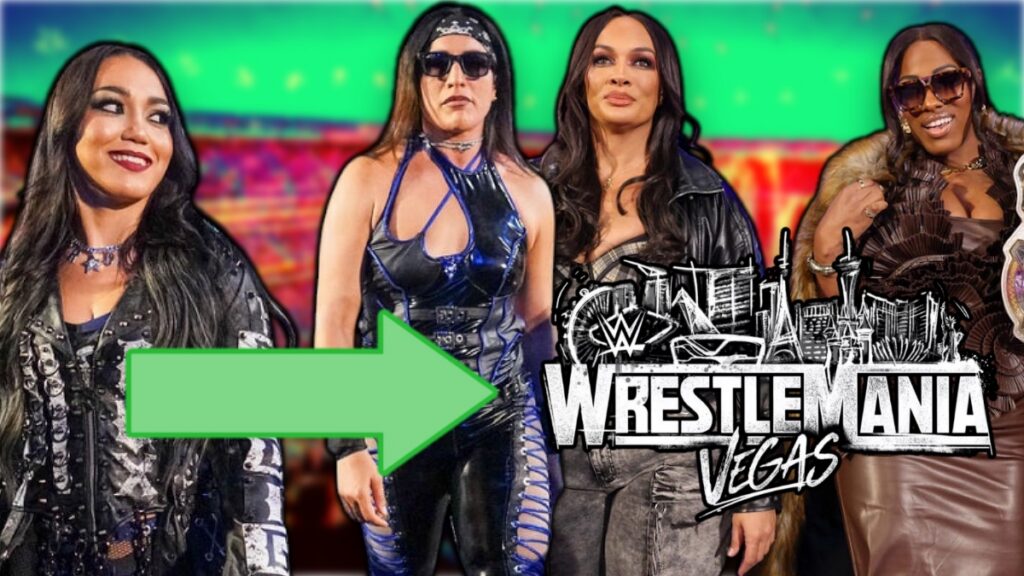 WWE WrestleMania 42 logo with Raquel Rodriguez, Roxanne Perez, Lash Legend & Nia Jax
