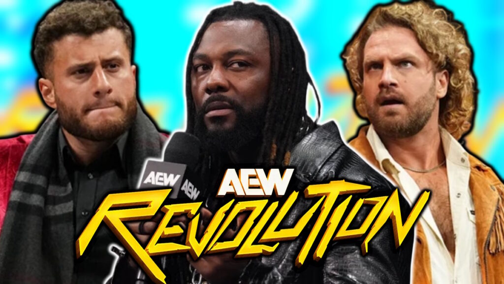 AEW Revolution logo next to MJF, Swerve Strickland and Hangman Adam Page