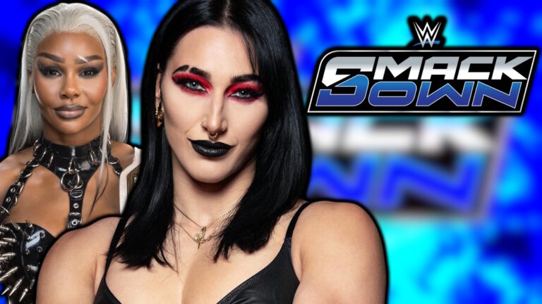 WWE SmackDown logo, Rhea Ripley and Jade Cargill