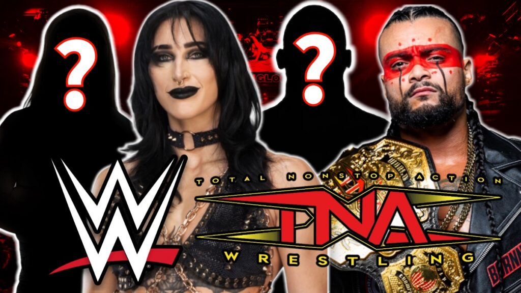 WWE and TNA Wrestling logos with Rhea Ripley and Mike Santana