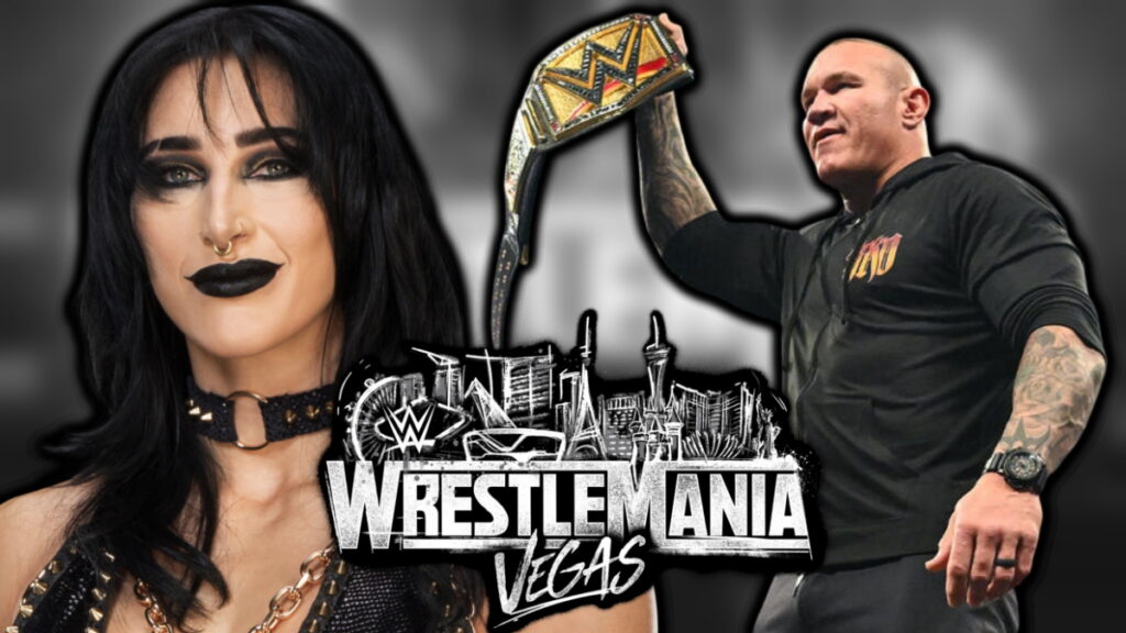 Rhea Ripley, Randy Orton and WWE WrestleMania 42 logo