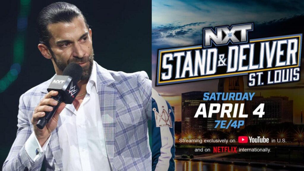 WWE NXT General Manager Robert Stone next to the Stand & Deliver poster