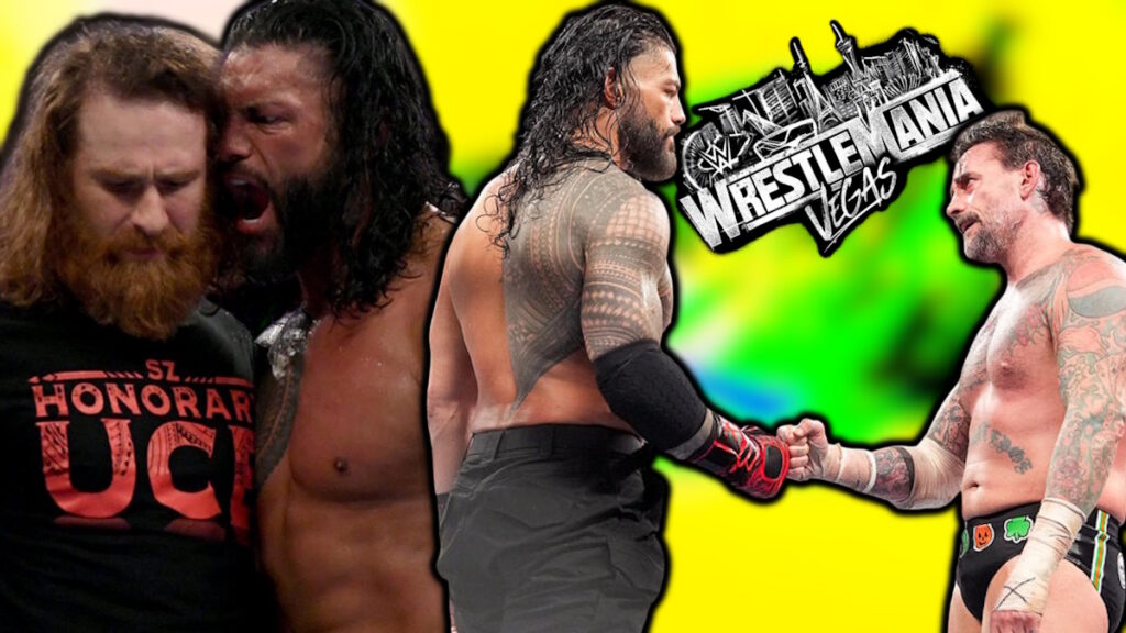 WWE WrestleMania logo, Roman Reigns, Sami Zayn and CM Punk