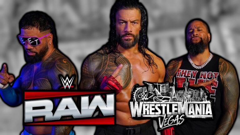 WWE Raw and WrestleMania 42 logos with Roman Reigns and The Usos