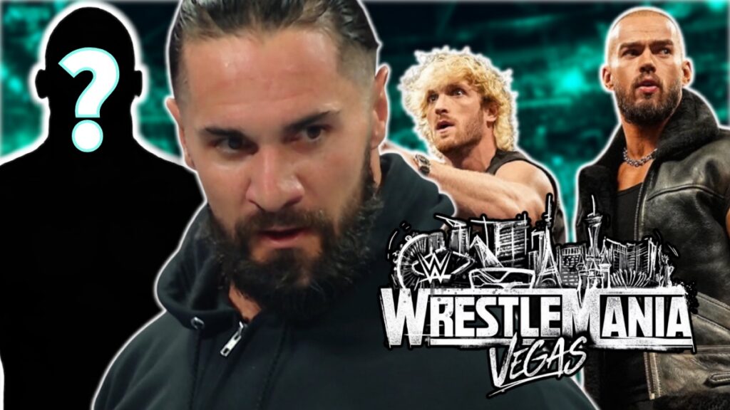 WWE WrestleMania 42 logo with Seth Rollins, Logan Paul and Austin Theory