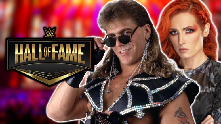 WWE Hall of Fame logo next to Shawn Michaels and Becky Lynch