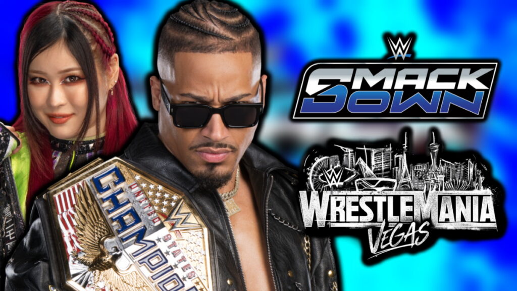 WWE SmackDown and WrestleMania 42 logos next to Carmelo Hayes and IYO SKY