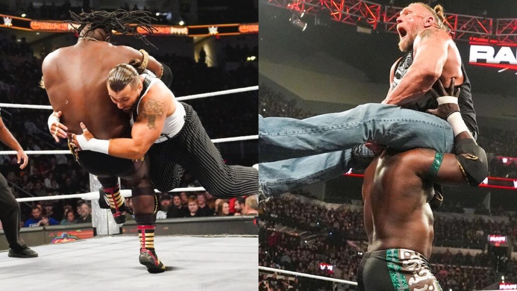 Tony D'Angelo giving a spear to Oba Femi in WWE NXT next to Oba Femi Powerbombing Brock Lesnar