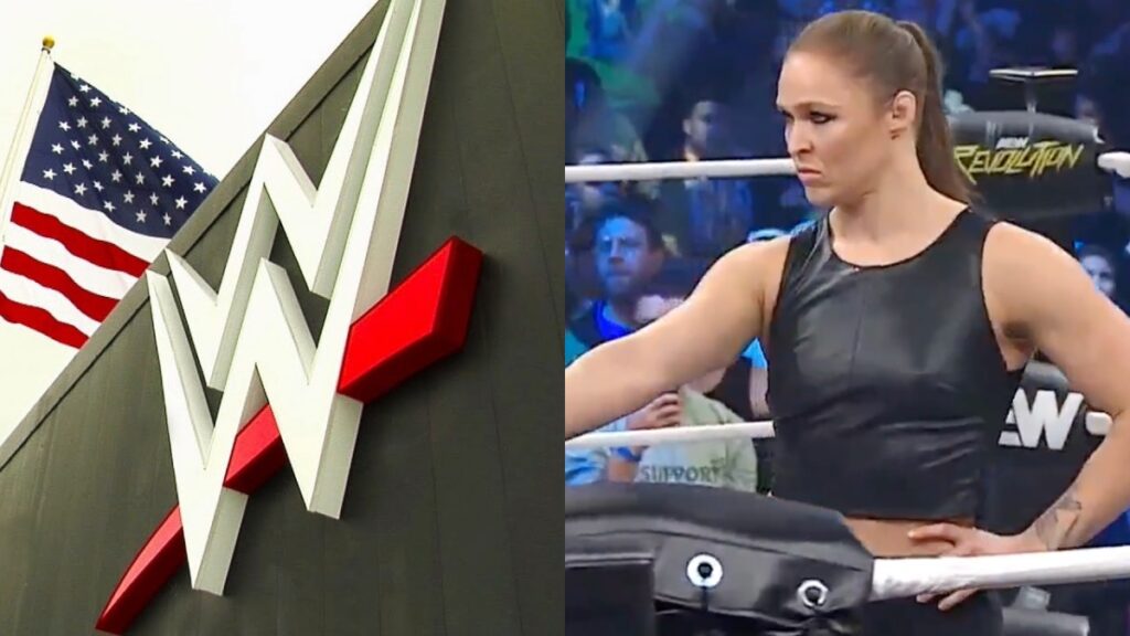 WWE logo and Ronda Rousey at AEW Revolution 2026