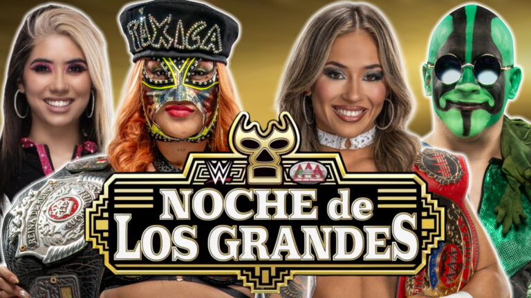 AAA Noche de los Grandes logo with Lola Vice, Mr Iguana, La Catalina and Flammer
