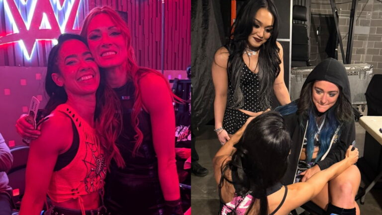 WWE stars AJ Lee, Becky Lynch, Lyra Valkyria and Roxanne Perez backstage