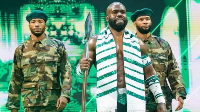 Apollo Crews with Trick Williams and Denzel Dejournette as bodyguards on WWE SmackDown