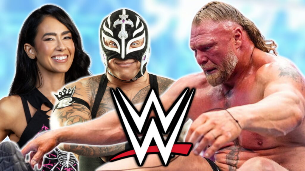 Brock Lesnar, AJ Lee and Rey Mysterio with the WWE logo