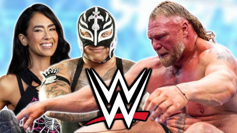 Brock Lesnar, AJ Lee and Rey Mysterio with the WWE logo