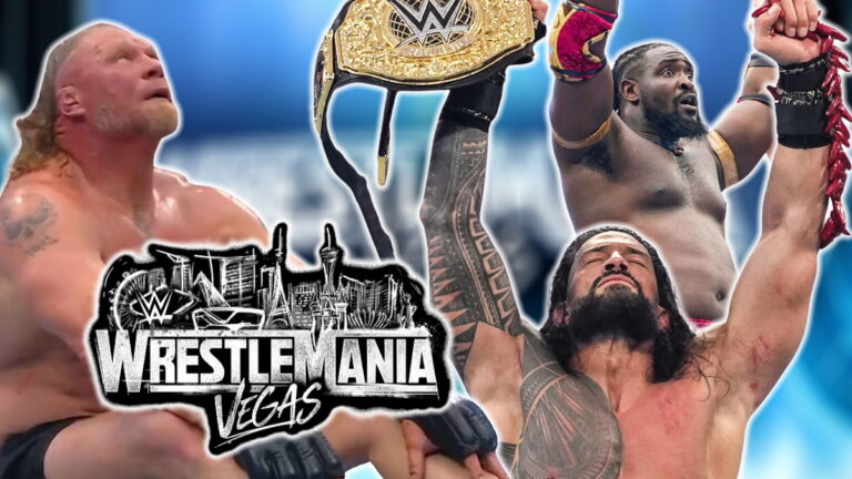WWE WrestleMania 42 logo with Brock Lesnar, Roman Reigns and Oba Femi