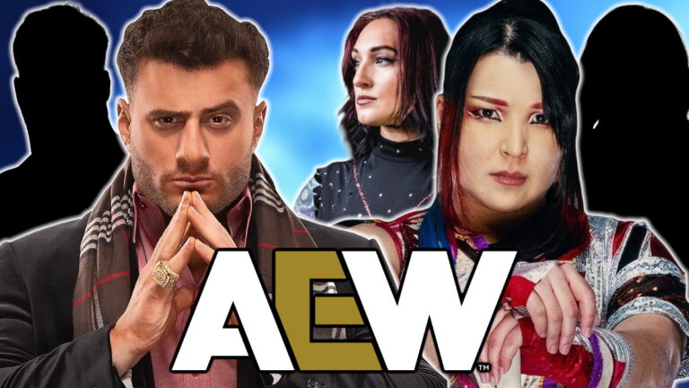 AEW stars MJF, Hikaru Shida and Kris Statlander with the AEW logo