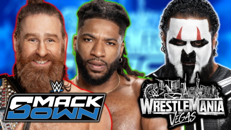 WWE WrestleMania 42 and SmackDown logos with Sami Zayn, Trick Williams and Tama Tonga