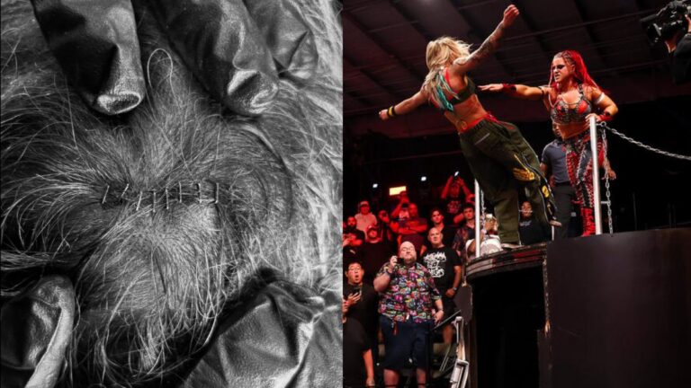 Sol Ruca with staples in her head from IG:solrvca, next to the table spot on WWE NXT with Zaria