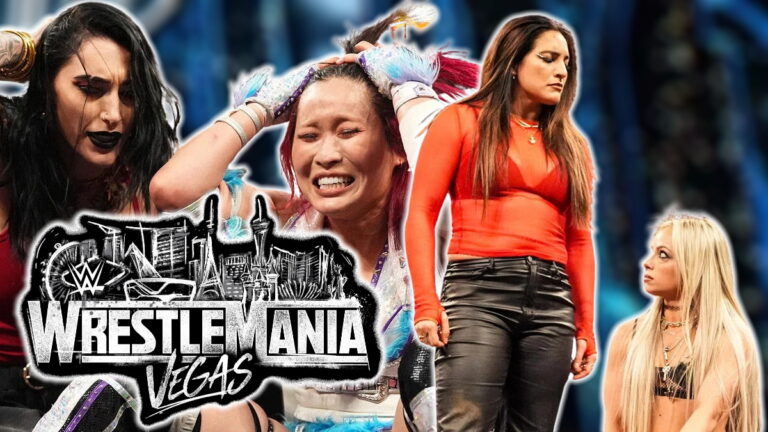 WWE WrestleMania 42 logo, Rhea Ripley, IYO SKY, Raquel Rodriguez and Liv Morgan