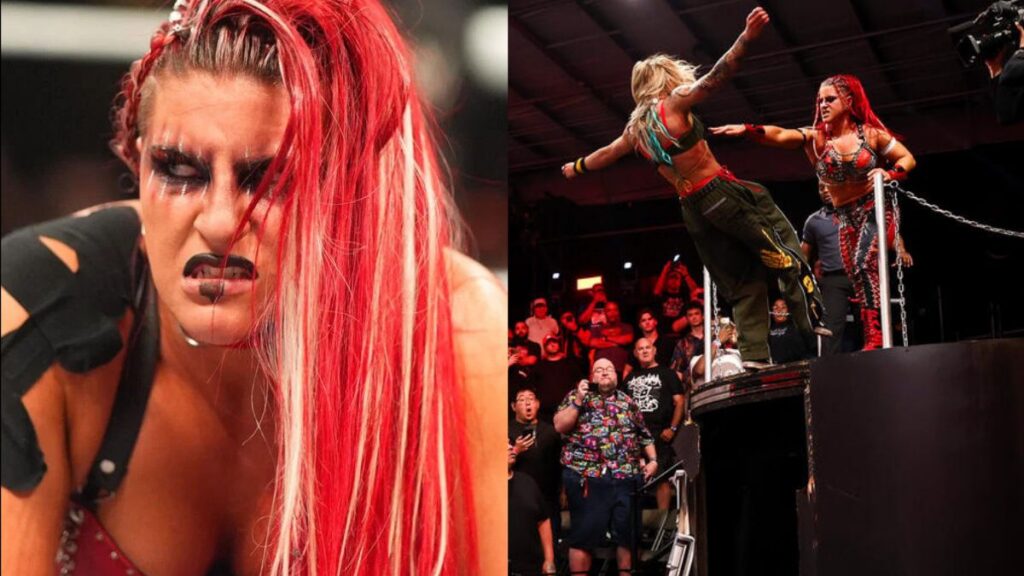 Zaria next to the moment she pushed Sol Ruca off a platform on WWE NXT