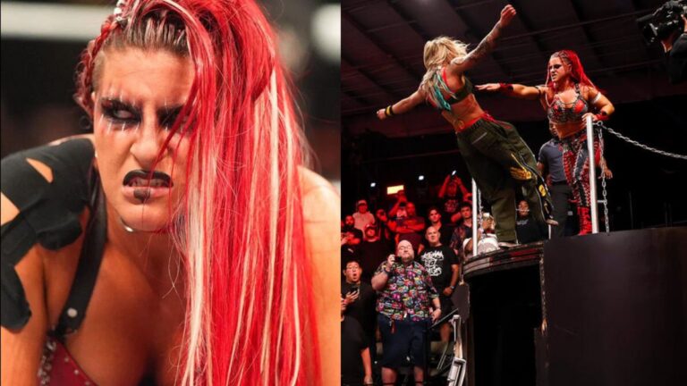 Zaria next to the moment she pushed Sol Ruca off a platform on WWE NXT