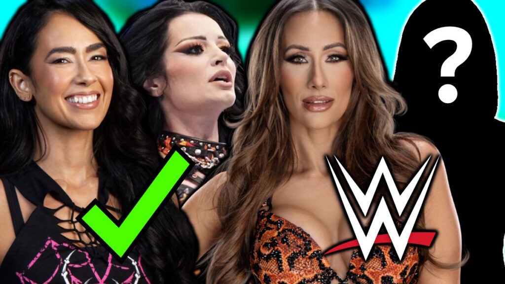 WWE logo, AJ Lee, Paige and Carmella