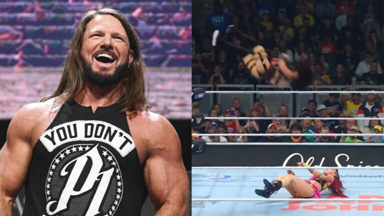 WWE star AJ Styles next to Stephanie Vaquer performing her corkscrew moonsault