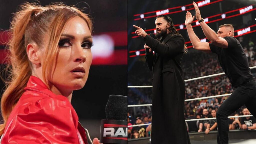 Becky Lynch next to Seth Rollins and GUNTHER on WWE Raw