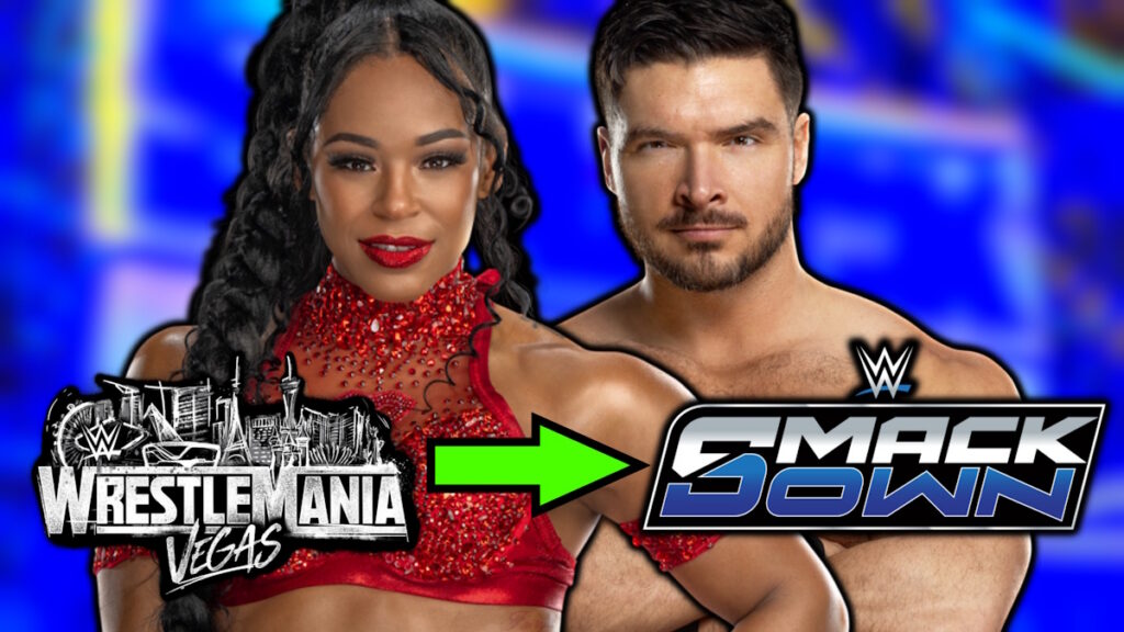 WWE WrestleMania 42 and SmackDown logos with Bianca Belair and Ethan Page