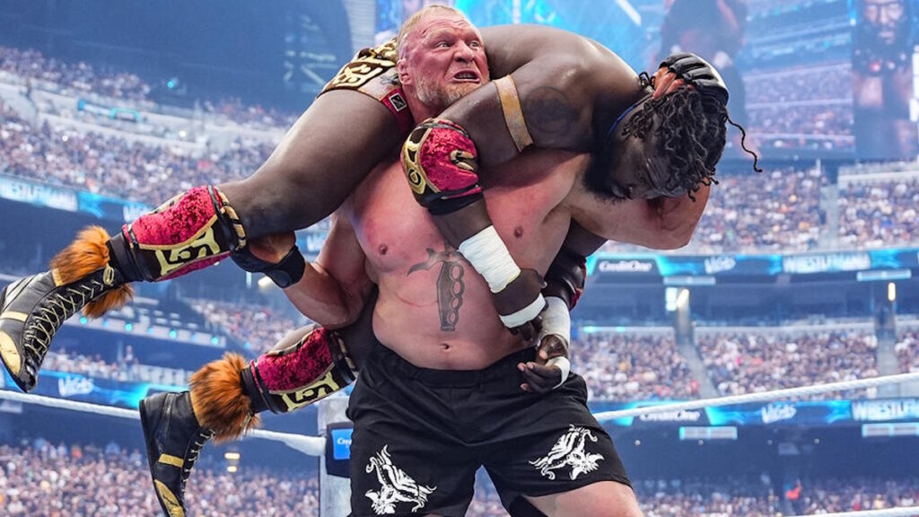 Brock Lesnar hitting Oba Femi with an F5 at WWE WrestleMania 42