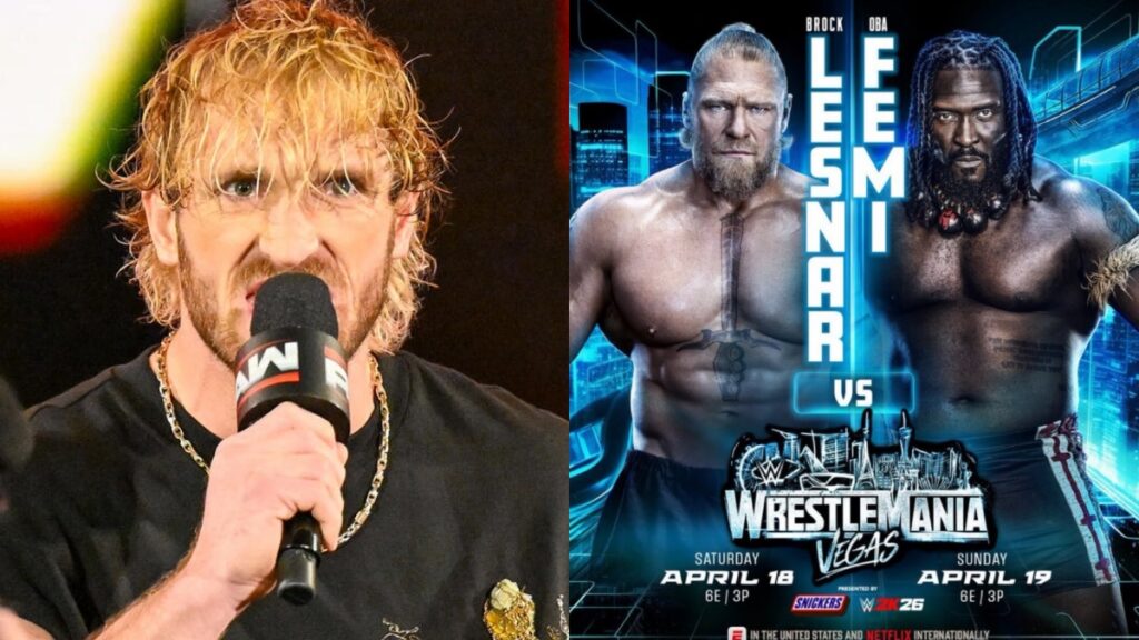 WWE's Logan Paul next to Brock Lesnar vs. Oba Femi at WrestleMania 42