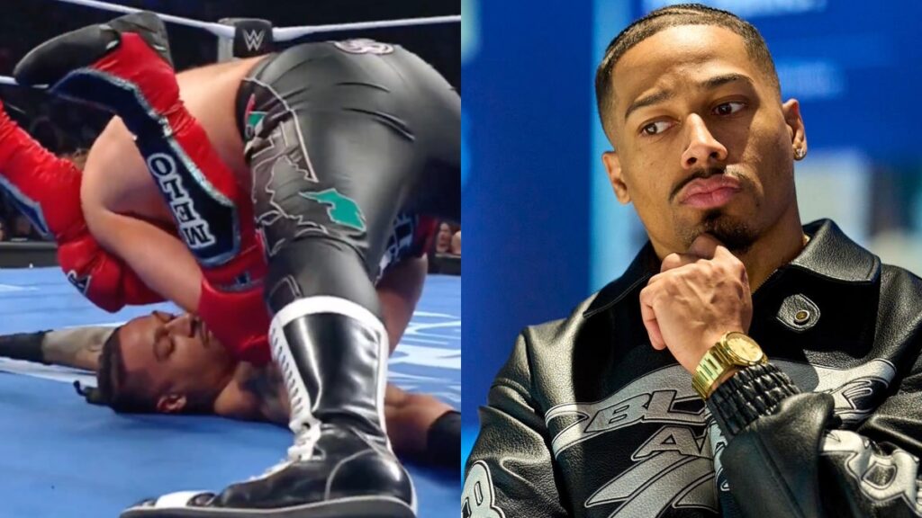 WWE's Carmelo Hayes alongside himself getting pinned by Sami Zayn on SmackDown